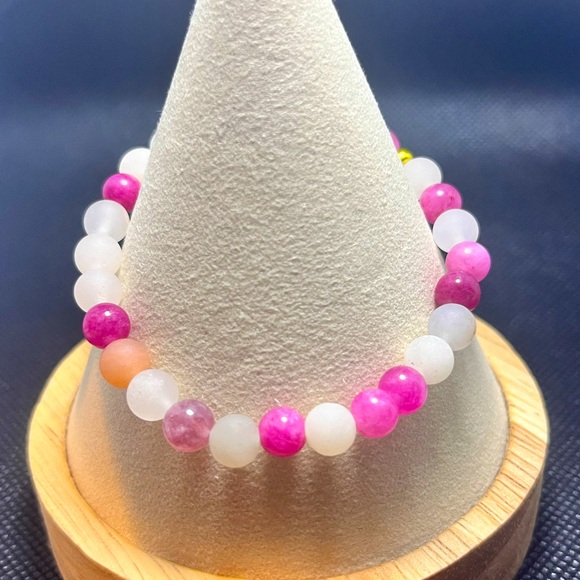Rose Strawberry Quartz & Brushed Stone Beaded Bracelet Natural Handmade Boutique - Picture 2 of 10